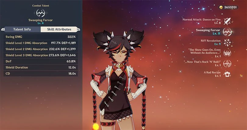 Statistics of Xinyan's elemental attack in Genshin Impact