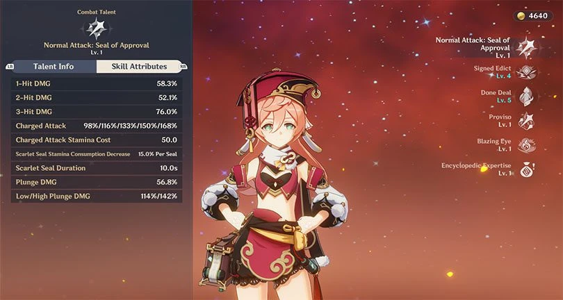Yanfei's normal attack statistics in Genshin Impact