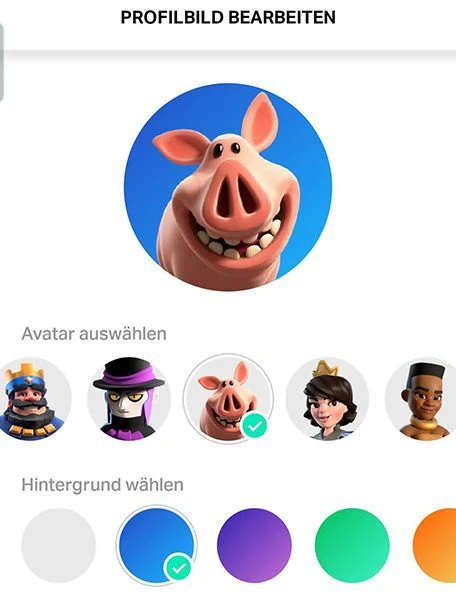 Auswahl des Avatars in für sein Konto Clash Royale