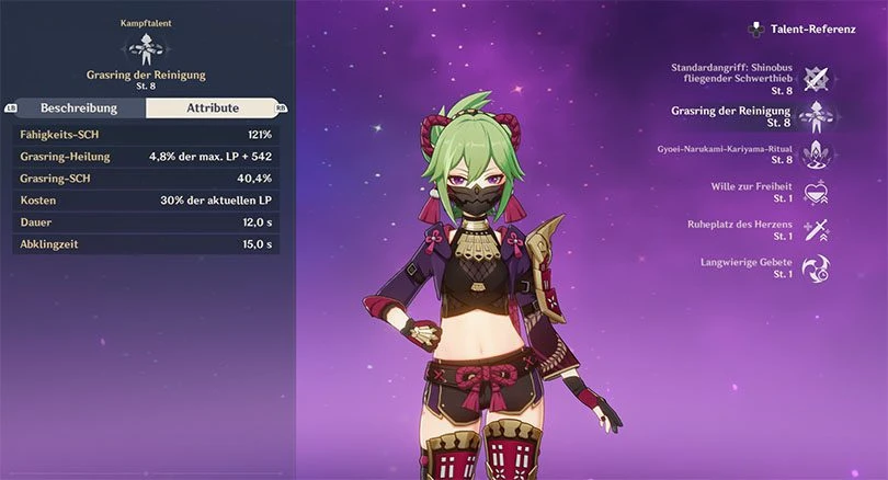 Statistik über den Kuki Shinobu Elementarangriff in Genshin Impact