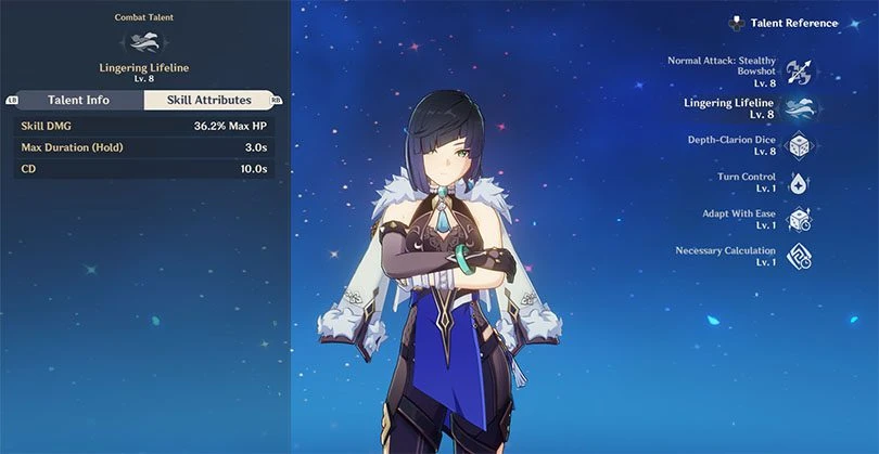 Statistics for Yelan's elemental skill in Genshin Impact