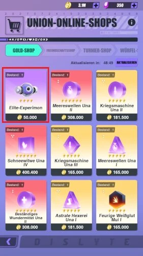 Der Gold-shop kann Experimons enthalten, die Sie Ihren Einheiten geben können
