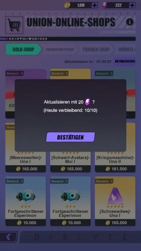 Verwenden Sie die Dislyte Kristalle, um den Gold-shop zu aktualisieren.