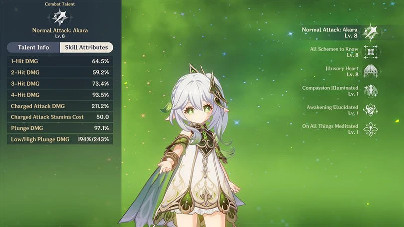 Nahida's normal attack statistics at level 8