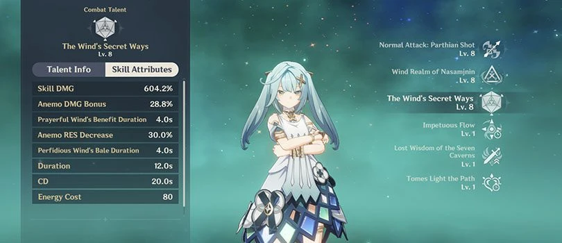 Statistics at level 8 of Genshin Impact Faruzan's elemental rampage