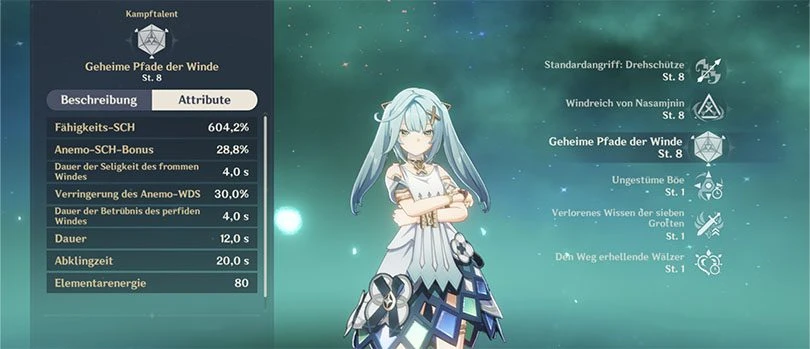 Statistiken auf Stufe 8 von Genshin Impact Faruzans Elementarer Entfesselung