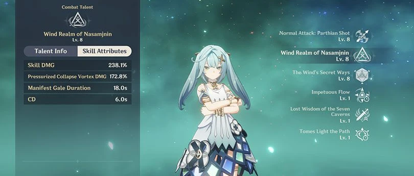 Statistics at level 8 of Genshin Impact Faruzan's elemental attack