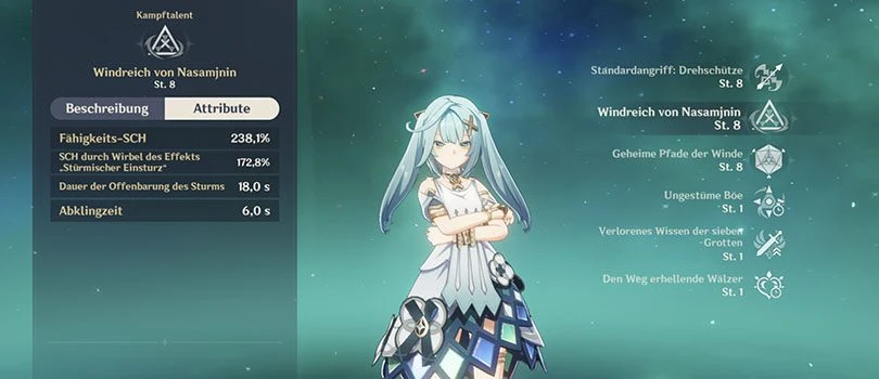 Statistiken auf Stufe 8 von Genshin Impact Faruzans Elementarangriff