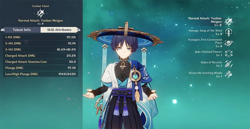 Wanderer (Scaramouche) normal attack statistics in Genshin Impact