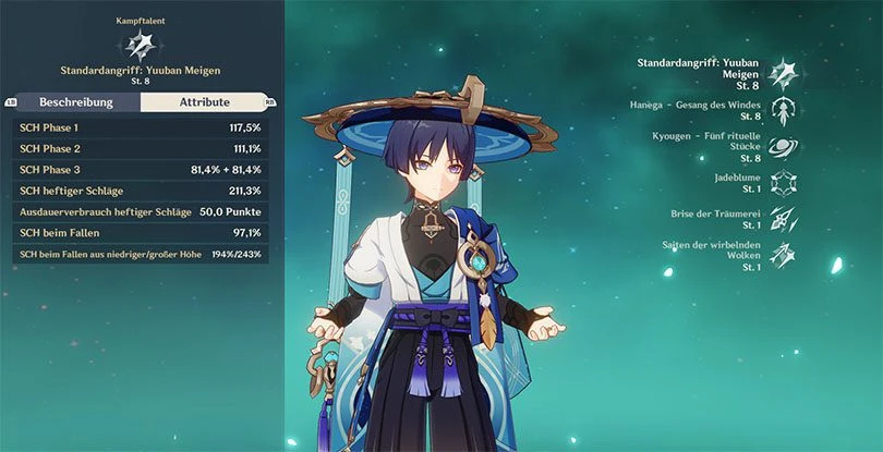 Statistik des normalen Angriffs von Wanderer (Scaramouche) in Genshin Impact