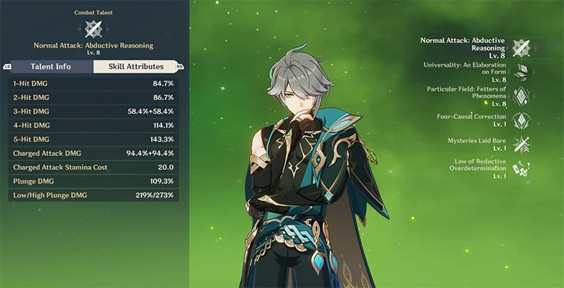 Alhaitham's normal attack statistics at level 8