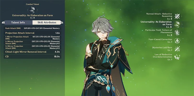 Statistics of Alhaitham's elemental attack at level 8