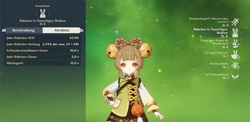 Statistiken über den Elementarangriff von Yaoyao in Genshin Impact