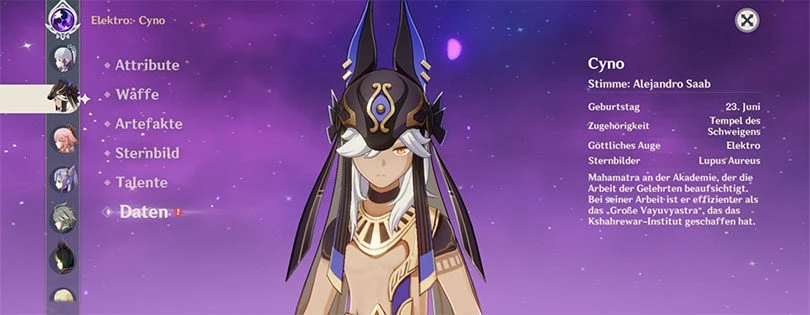 Cynos Profil in Genshin Impact