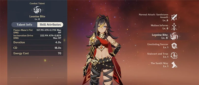 Statistics of Dehya's elemental rampage in Genshin Impact