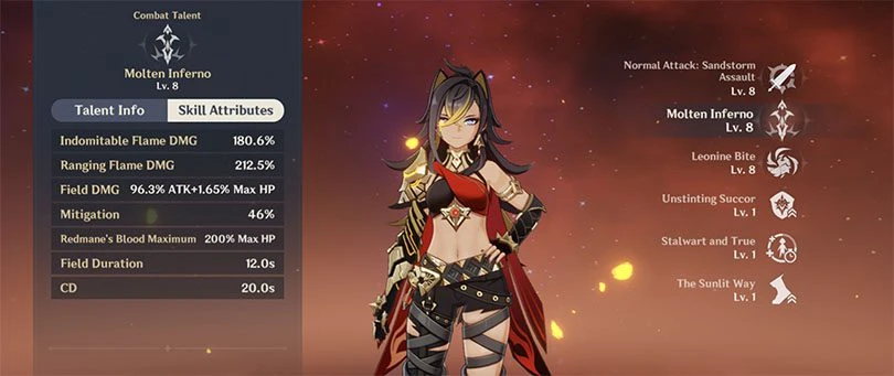 Statistics of Dehya's elementary skills in Genshin Impact