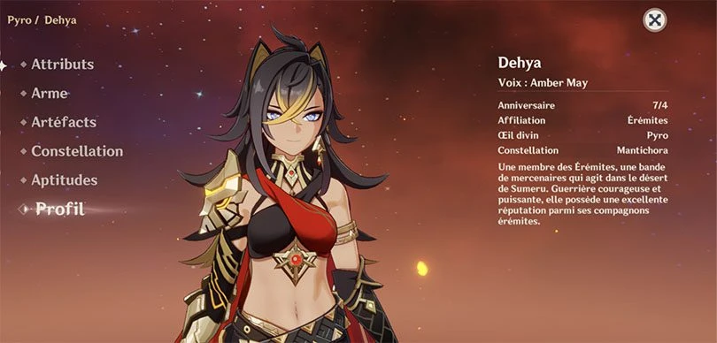 Profil de Dehya dans Genshin Impact