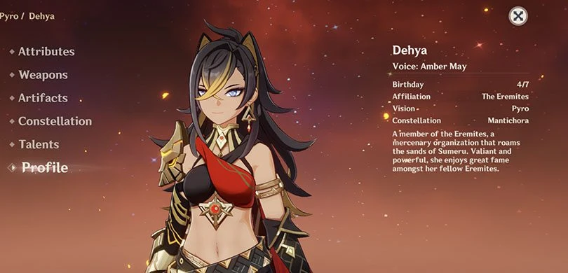 Dehya's profile in Genshin Impact