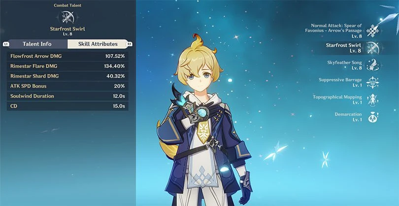 Statistics of the elemental attack at level 8 of Mika in Genshin Impact