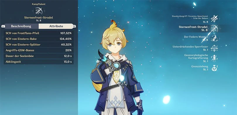 Statistiken zu Mikas Elementarangriff auf Stufe 8 in Genshin Impact